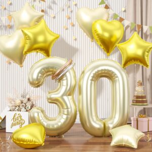 champagne gold 30 balloons, light gold 30 balloons, 40inch number 30 balloons set, gold foil star heart balloons with long balloons for 30th birthday party graduation anniversary 3rd baby shower decor