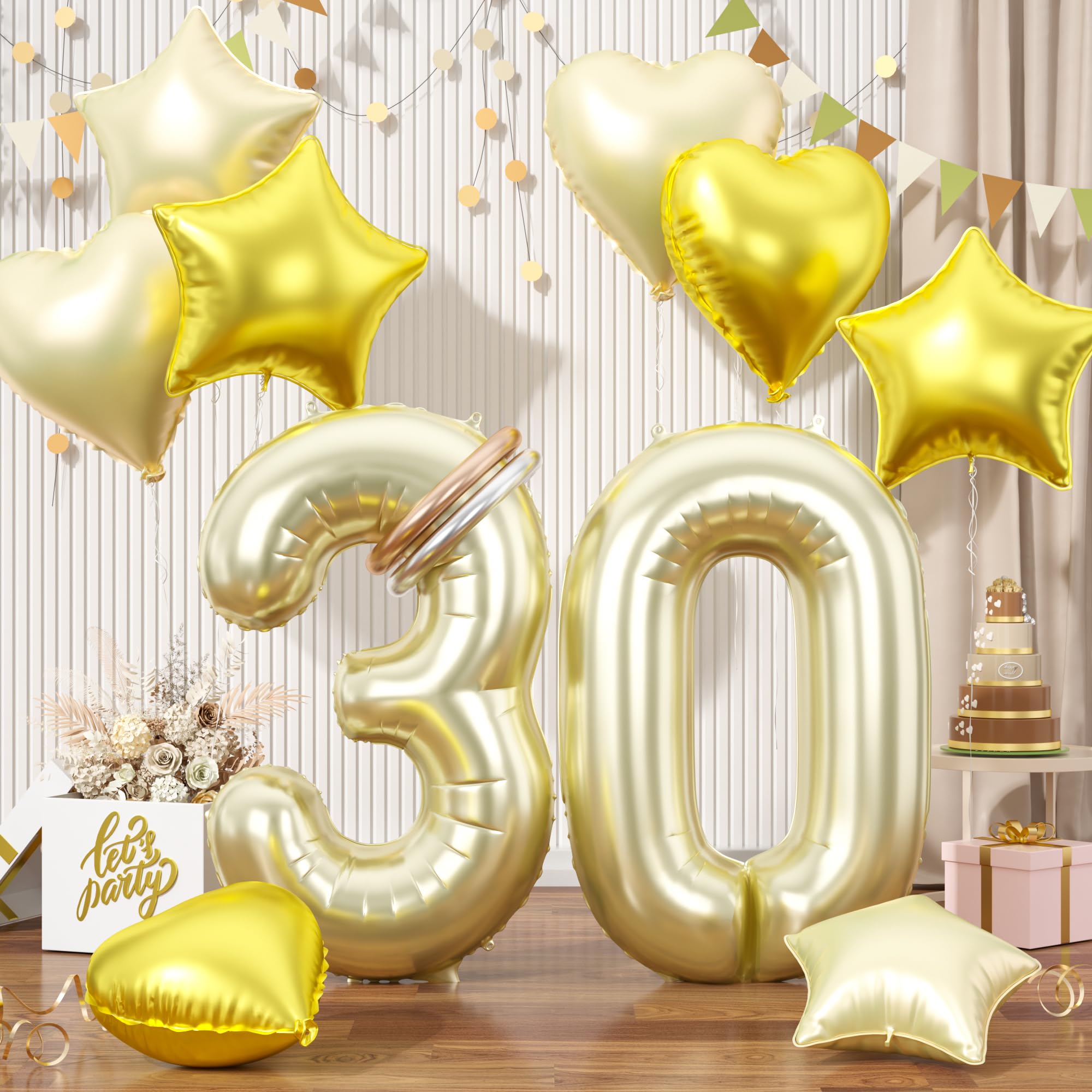 Champagne Gold 30 Balloons, Light Gold 30 Balloons, 40inch Number 30 Balloons Set, Gold Foil Star Heart Balloons With Long Balloons For 30th Birthday Party Graduation Anniversary 3rd Baby Shower Decor