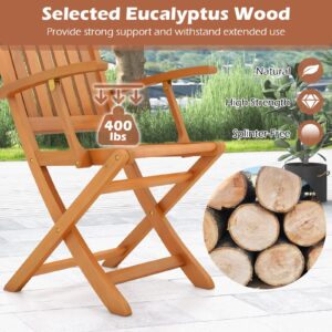 Tangkula Patio Wood Folding Chair Set of 2, Outdoor Eucalyptus Wood Dining Chairs w/Armrests & Slatted Seat, for Backyard, Porch, Poolside, Lawn, Garden, Load up to 400 LBS (1, Natural)