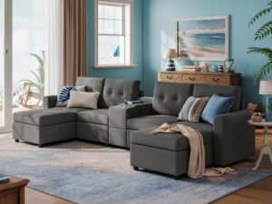 linsy home rubik iii modular sectional sofa, 4 seats 2 ottomans and 1 console table, convertible u shaped couch with deep seat and storage, 4 seat sofa with chaise for living room, dark grey