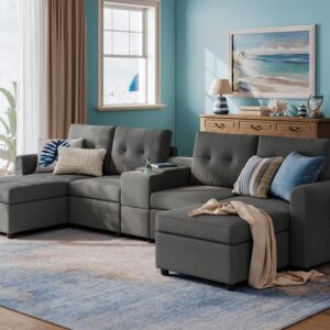 LINSY HOME Rubik III Modular Sectional Sofa, 4 Seats 2 Ottomans and 1 Console Table, Convertible U Shaped Couch with Deep Seat and Storage, 4 Seat Sofa with Chaise for Living Room, Dark Grey