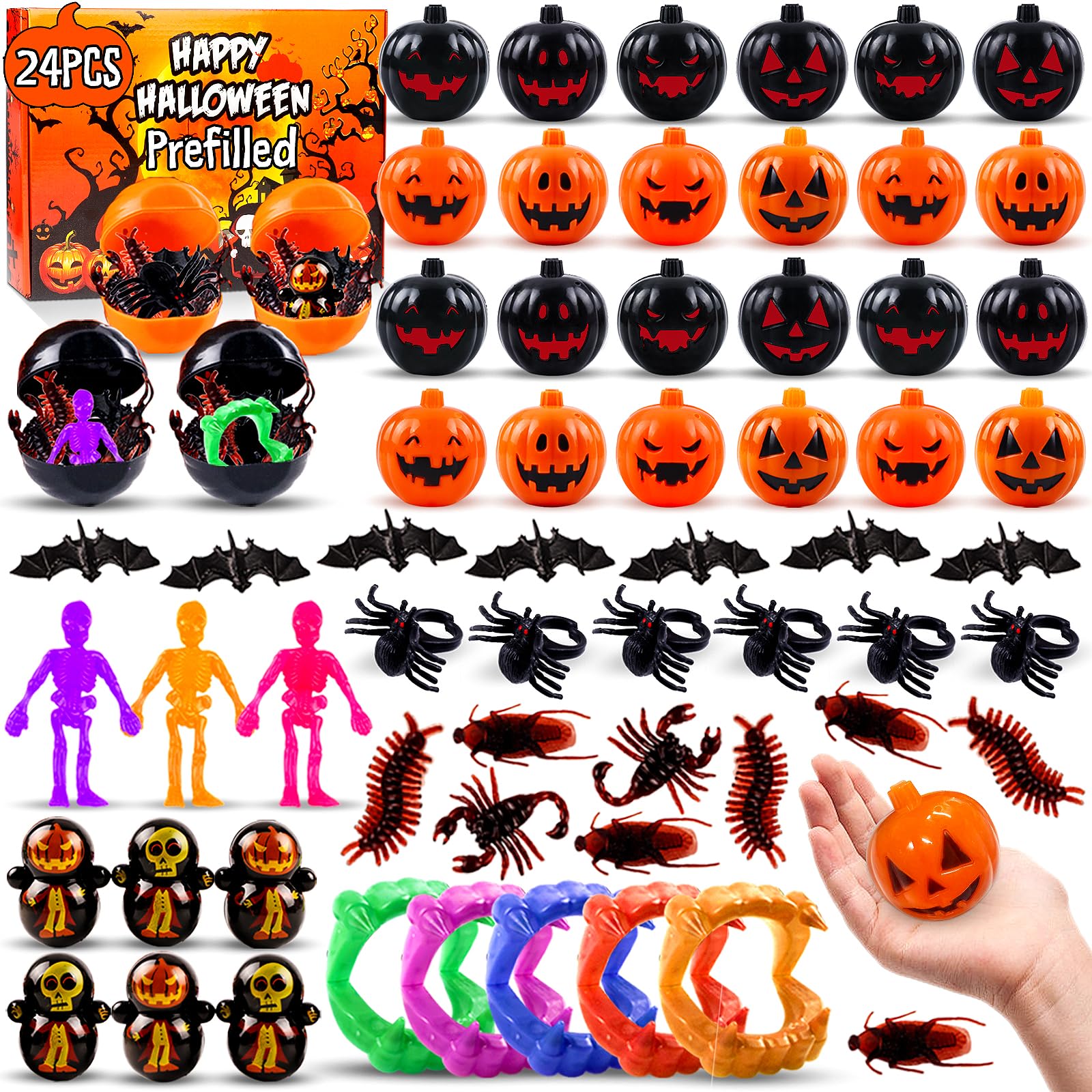 144 pcs Halloween Party Favors for Kids 24 Pack Prefilled Halloween Pumpkin with Halloween Toys, Halloween Treats for Kids, Halloween Goodie Bag Stuffers,Halloween Classroom Prizes