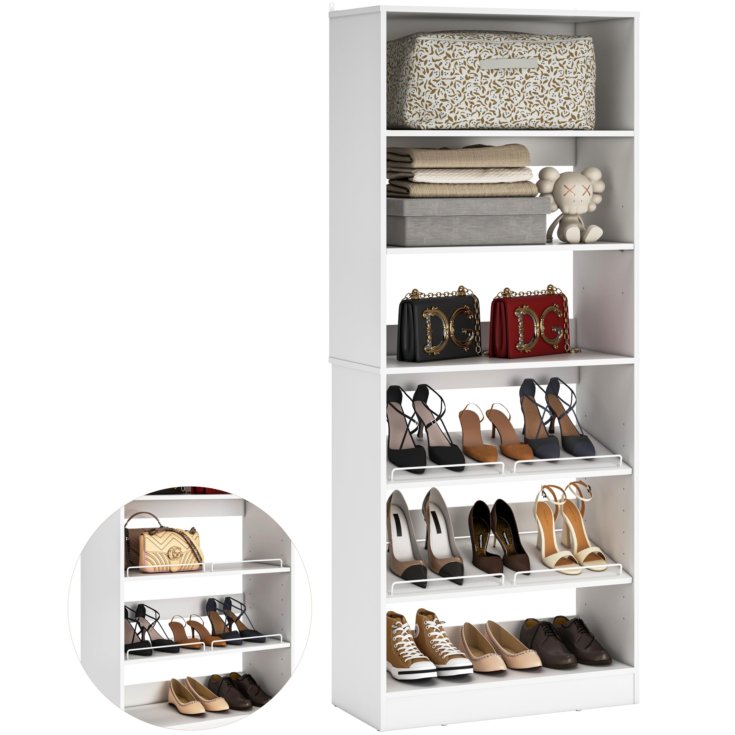 Unikito 25” Closet Organizer System, Freestanding Shoe Storage Shelves, Standalone Wood Shoe Rack, Heavy Duty Walk in Closet Tower for Bedroom, Mudroom and Entryway, 25" W x 16" D x 80" H, White