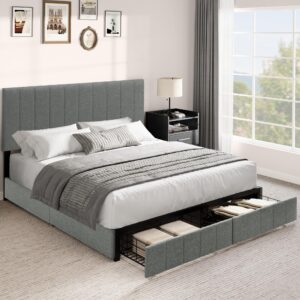 yitahome queen bed frame, grey upholstered bed frame with headboard, platform bed with 2 storage drawers, sturdy wood slat support, no box springs required