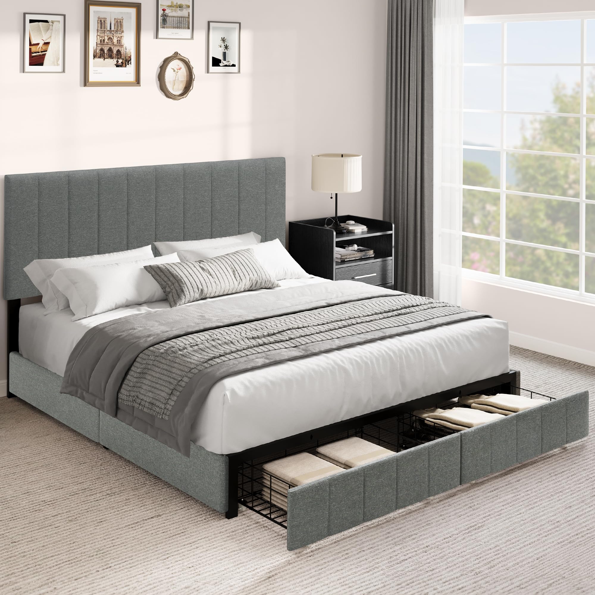 YITAHOME Queen Bed Frame, Grey Upholstered Bed Frame with Headboard, Platform Bed with 2 Storage Drawers, Sturdy Wood Slat Support, No Box Springs Required