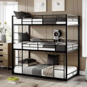 PVWIIK Heavy Duty Triple Bunk Bed for Kids,Twin Over Twin Over Twin Metal Bunkbeds with Ladder for Dorm,Bedroom,Guest Room,No Box Spring Needed, Easy Assembly,Black