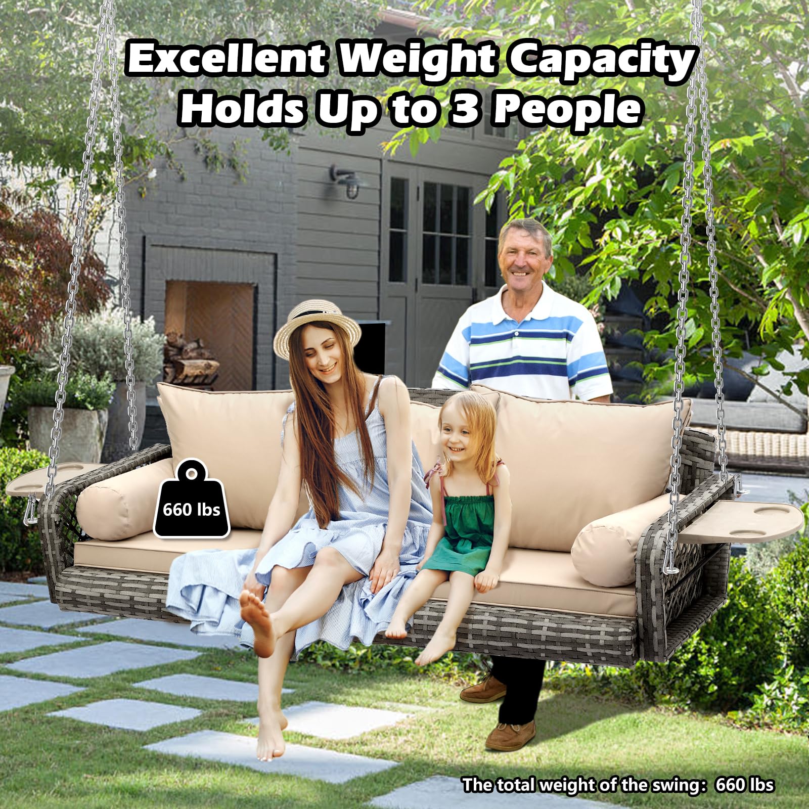 Decomax Wicker Hanging Porch Swing Chair 3-Seats Outdoor Gray Rattan Patio Swing Lounge with Cushions Cupholders Capacity 660lbs for Garden, Balcony, Living Room (Porch Swing with Armrest Pillows)