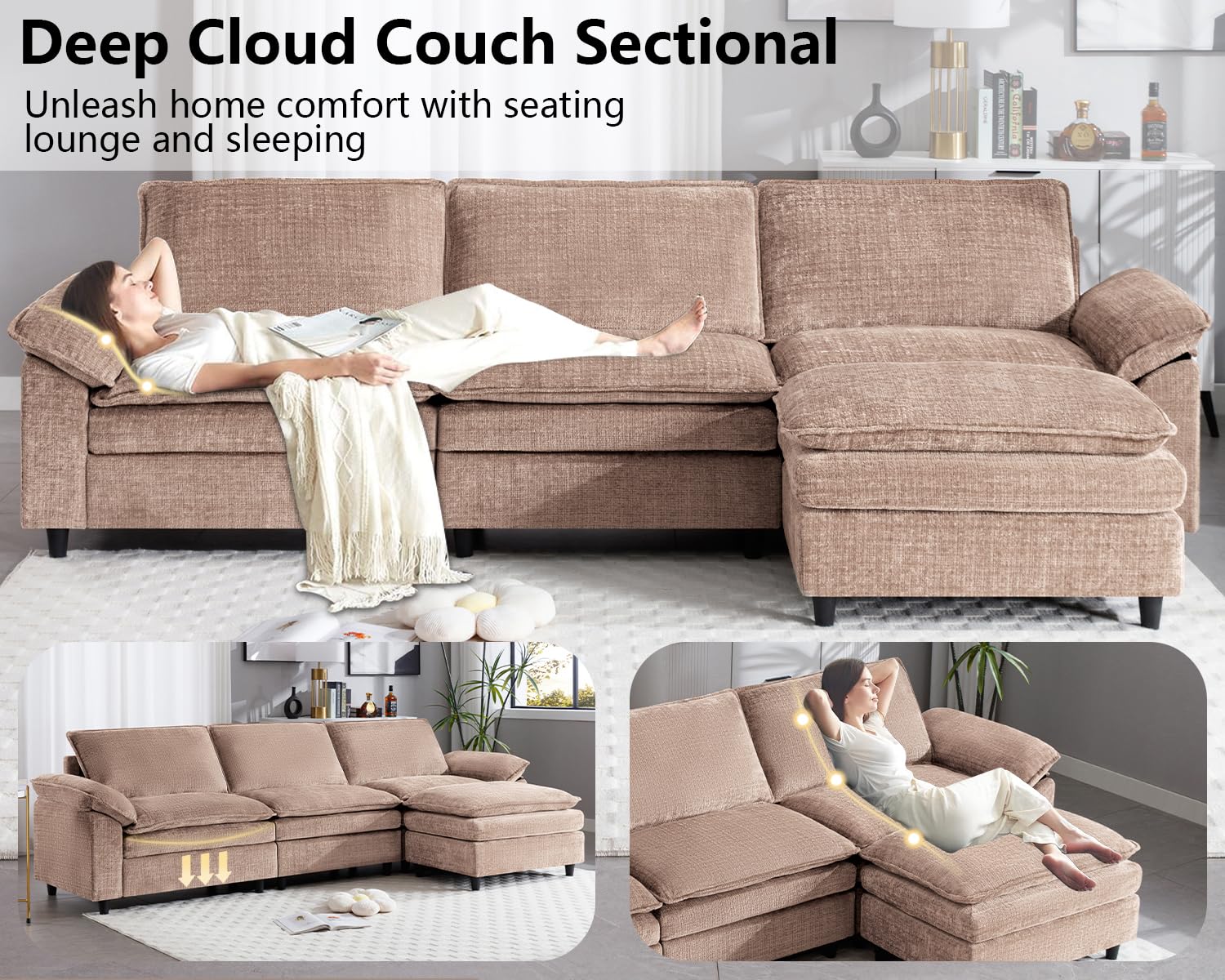 Suheww Sectional Couches for Living Room, L Shaped Sofas Modern Deep Seat Cloud Sofa Sectional, Oversized Cloud Couch Modular Sectional Sofa Couches for Living Room