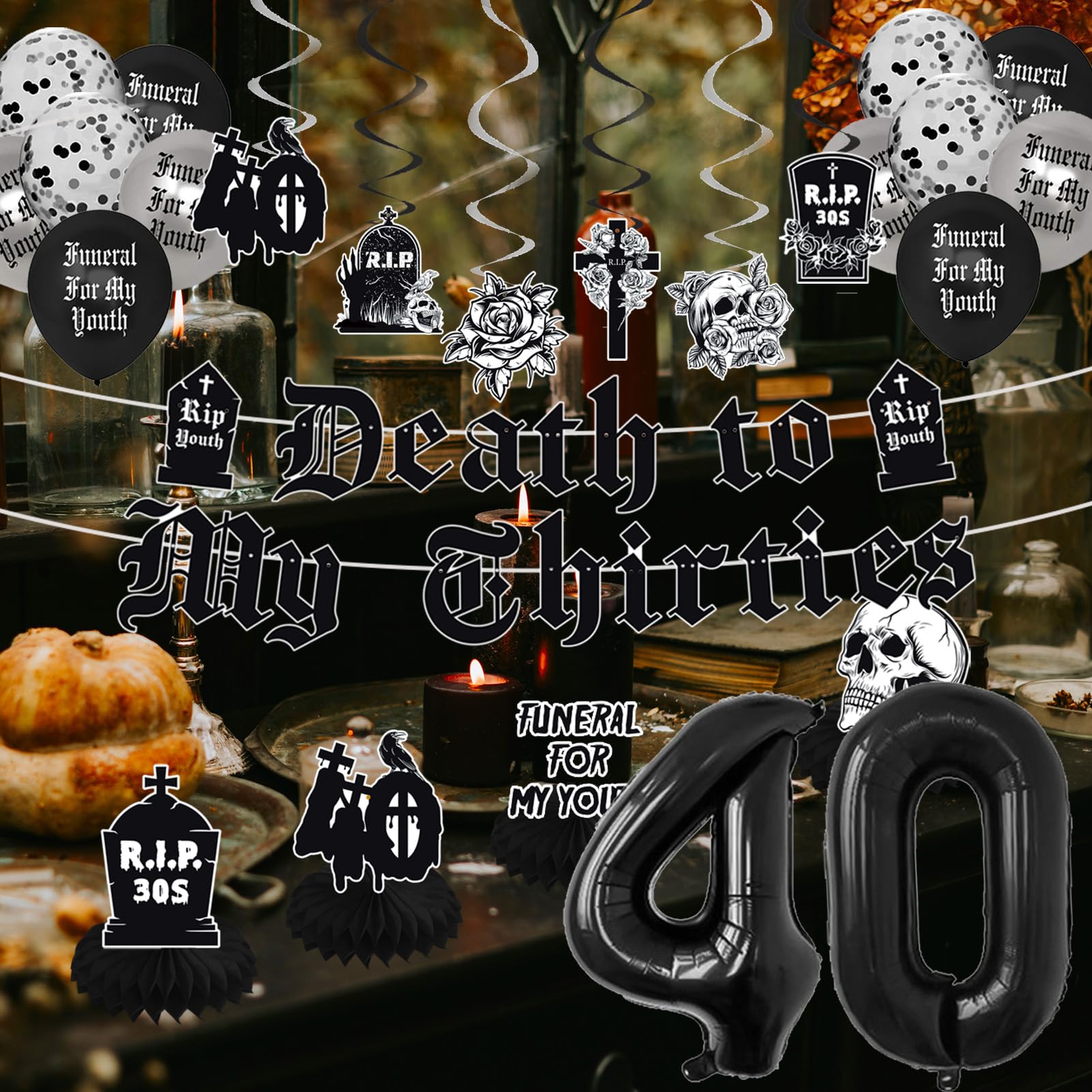 Crenics Death to My 30s Decorations - Death to My Thirties Backdrop, Banner, Honeycomb, Sash, Hanging Swirls, Cake Topper and Balloons for 40th Birthday Party Decorations for Women or Men