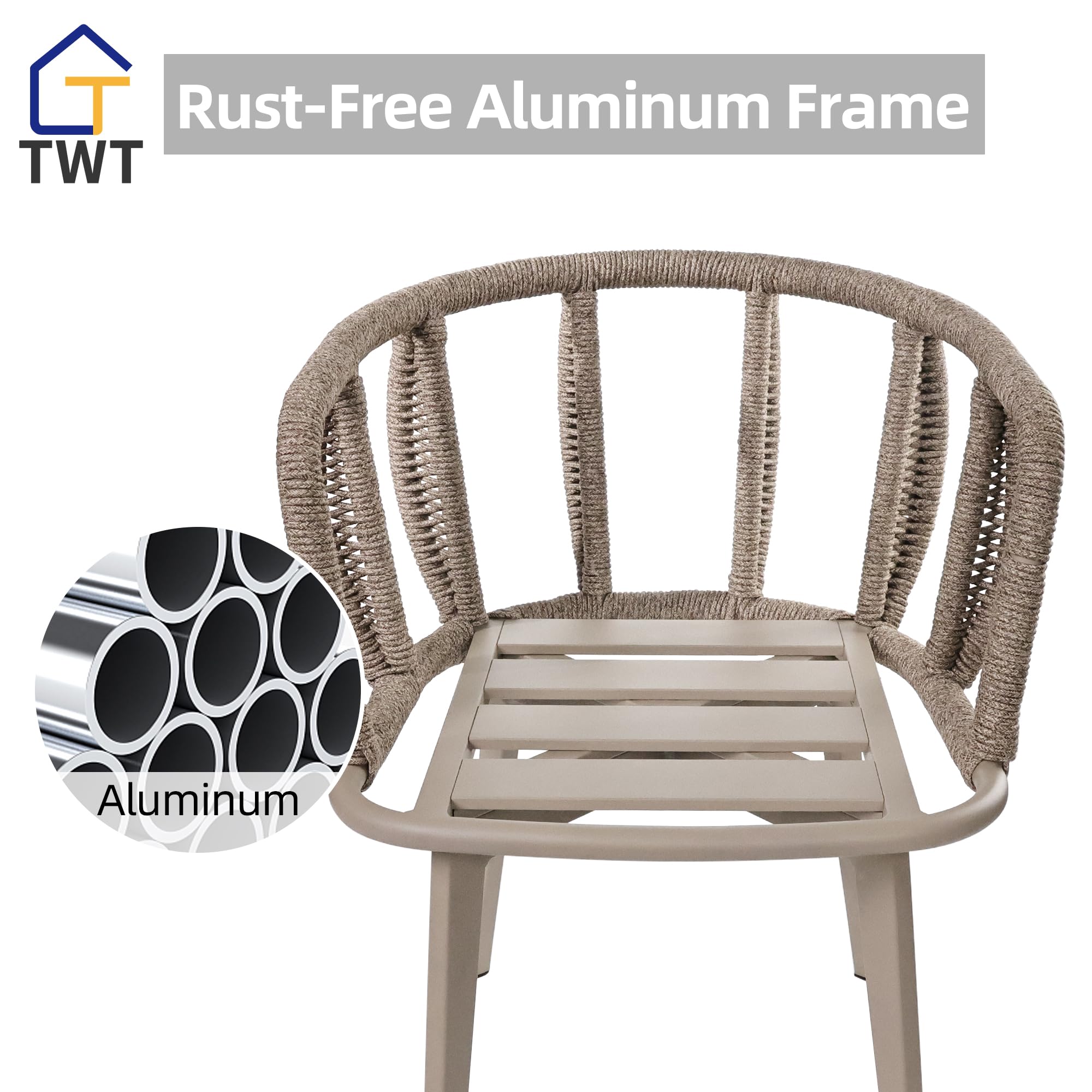 TWT Outdoor Dining Chairs Set of 8 - Aluminum Patio Chairs with Armrest & Wide Seat, All Weather 350 lbs Capacity Rope Indoor Outside Chair for Porch, Garden