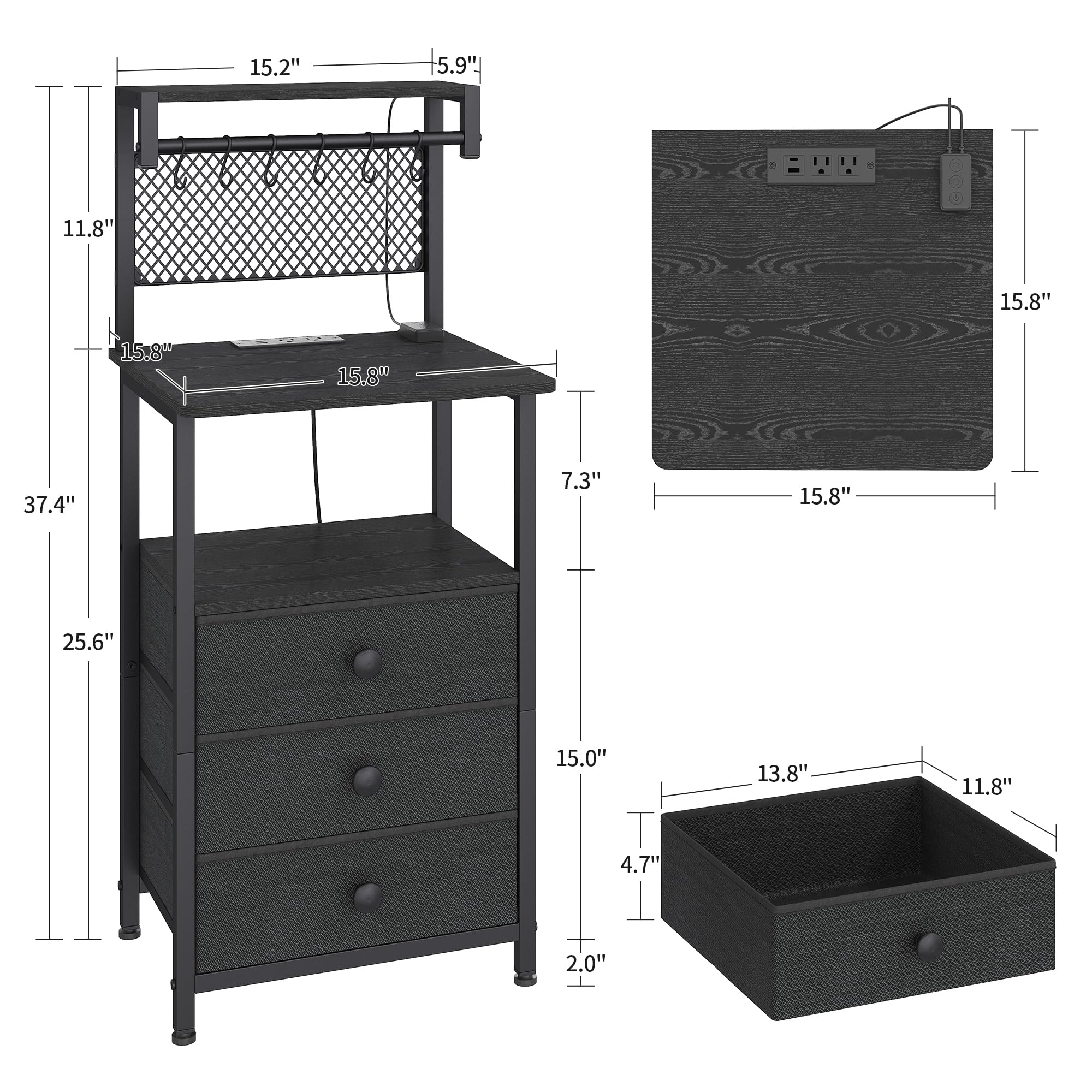 DALEMHOME Tall Nightstand with Charging Station and LED Lights, Night Stand with 3 Drawers and Storage Shelves, Bedside Table for Bedroom, Office, Black HKET2301BK