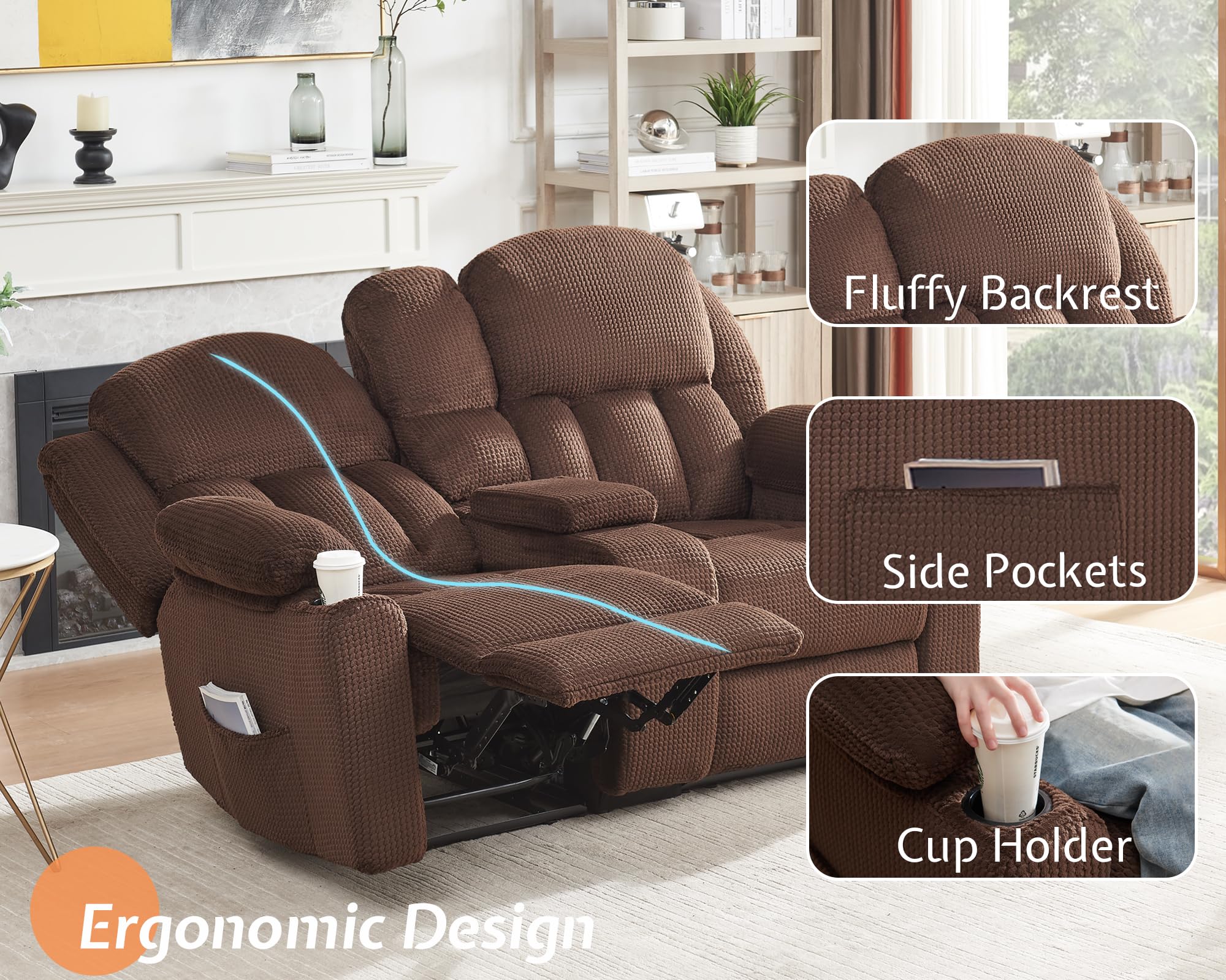 Jocisland Recliner Couch, 3 Seater Recliner with Cup Holders, Plush Fabric Reclining Couch with Dual Wingback, Comfy Recliner Sofas for Living Room(Brown)