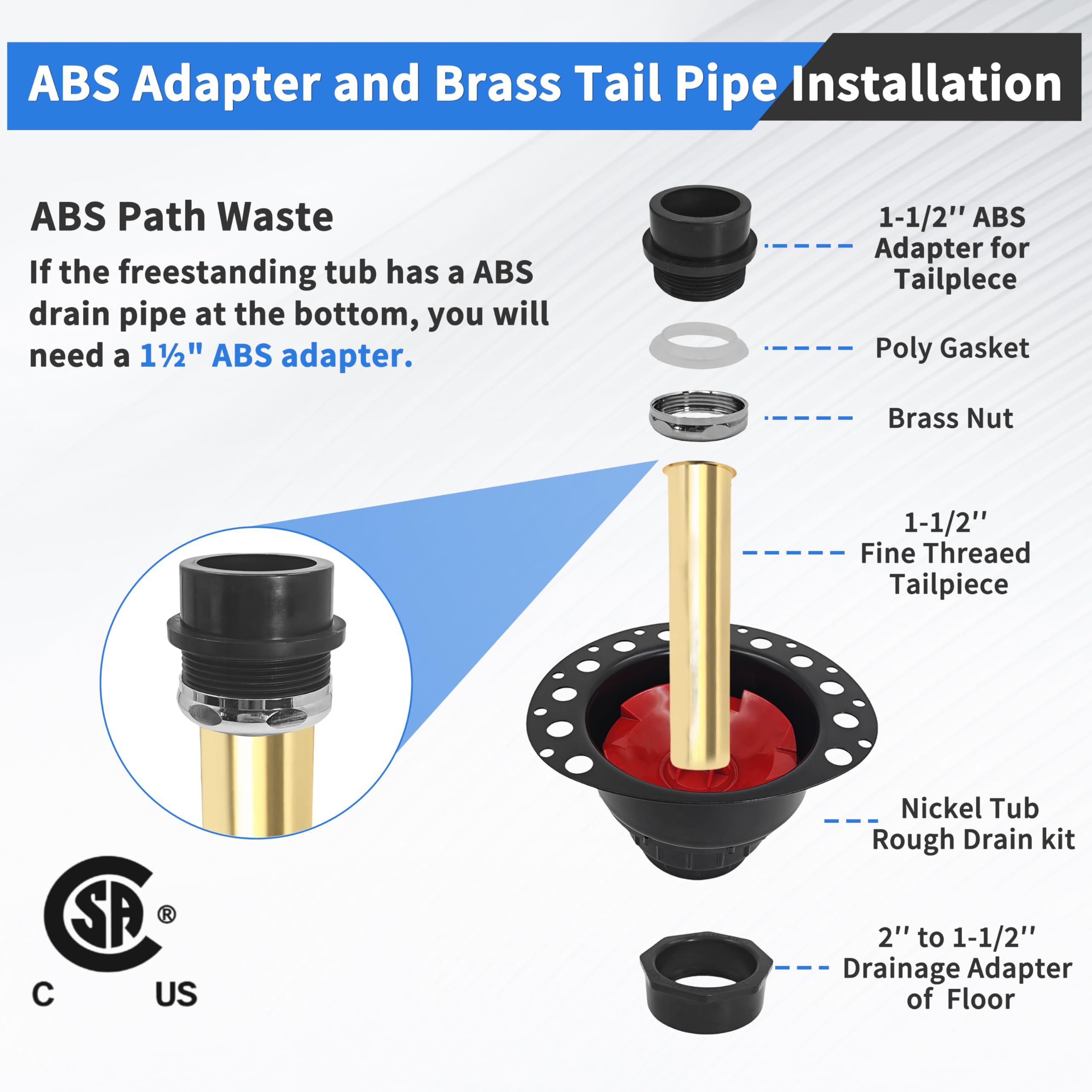 ABS Freestanding Tub Drain Rough-in Kit Upgrade bathtub Drain kit with Brass Tail Pipes and ABS Plastic Adapter, Fit for all freestanding bathtub Floor Mounted Bathtub and Copper Bathtub