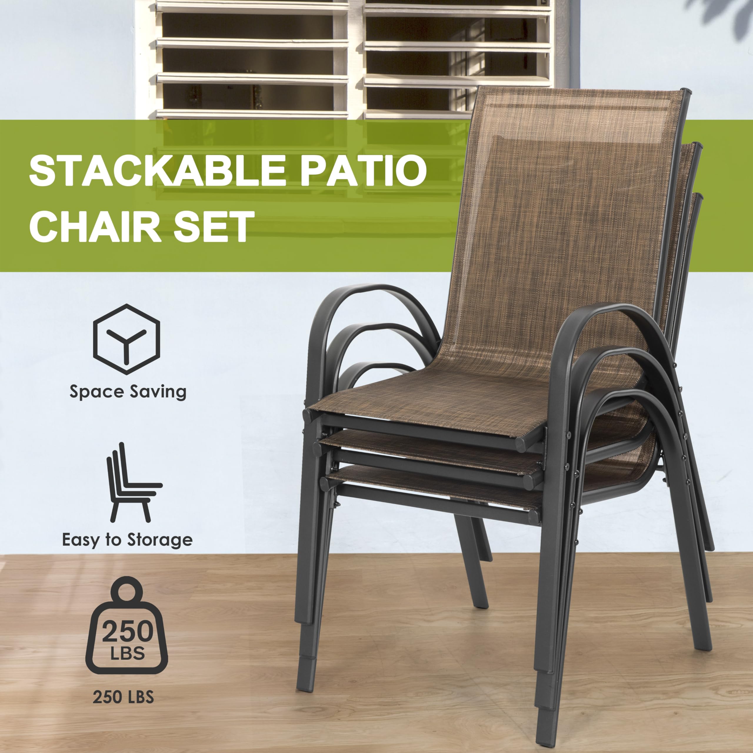 NUU GARDEN Patio Dining Chairs Set of 4, Outdoor Stackable Dining Chairs with High Back, All Weather Textilene Patio Chairs, Metal Frame and Breathable Garden Outdoor Chairs for Backyard Deck, Brown