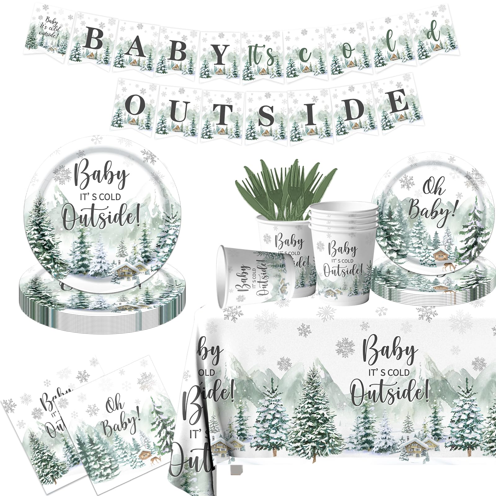 Winter Baby Shower Decorations, 142pcs Baby It's Cold Outside Baby Shower Woodland Plates Napkins Tablecloth Banner Gender Reveal Baby Shower Decorations Boy Girl for Holiday Christmas