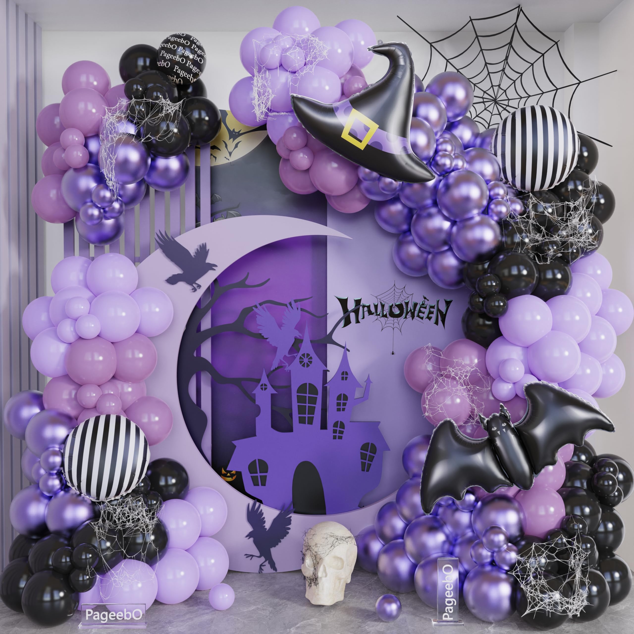 Halloween Balloon Garland Arch Kit, 154pcs Metallic Dusty Macron Purple and Black Balloon with Witch Hat Bat Striped Foil Balloons for Halloween Vampirina Nightmare Prom Horror Themed Party Decoration