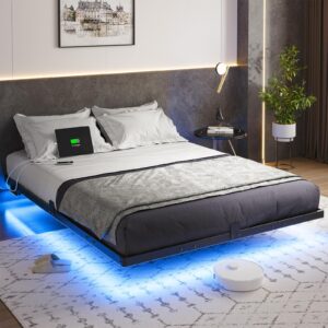 queen size floating bed frame with led lights, usb charging station, modern metal platform bed frame, noise free no box spring needed and easy assembly