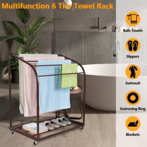 Flarhetoric Pool Towel Rack, Outdoor PVC Trapedozal Pool Storage Rack with 5 Towel Bars, Pool Float Storage with Wheels, Pool Towel Holder, Stores Floats and Paddles, Swimming Rings, Brown