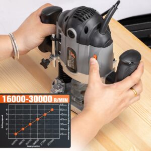 XDOVET 16000-30000 RPM Electronic Plunge Woodworking Router, 6 Variable Speeds Wood Router Tool, 1.7 HP 10-Amp Plunge Woodworking Router Kit with Parallel Guide and Vacuum Adaptor, 1200W