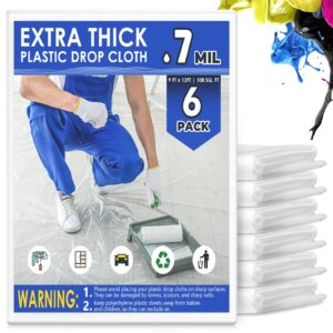 k212m 6pcs 9x12 ft plastic drop cloths, 0.7mil thick, waterproof & dust-proof tarp for painting, disposable sheeting for furniture, floor, and couch protection - durable painter’s cover