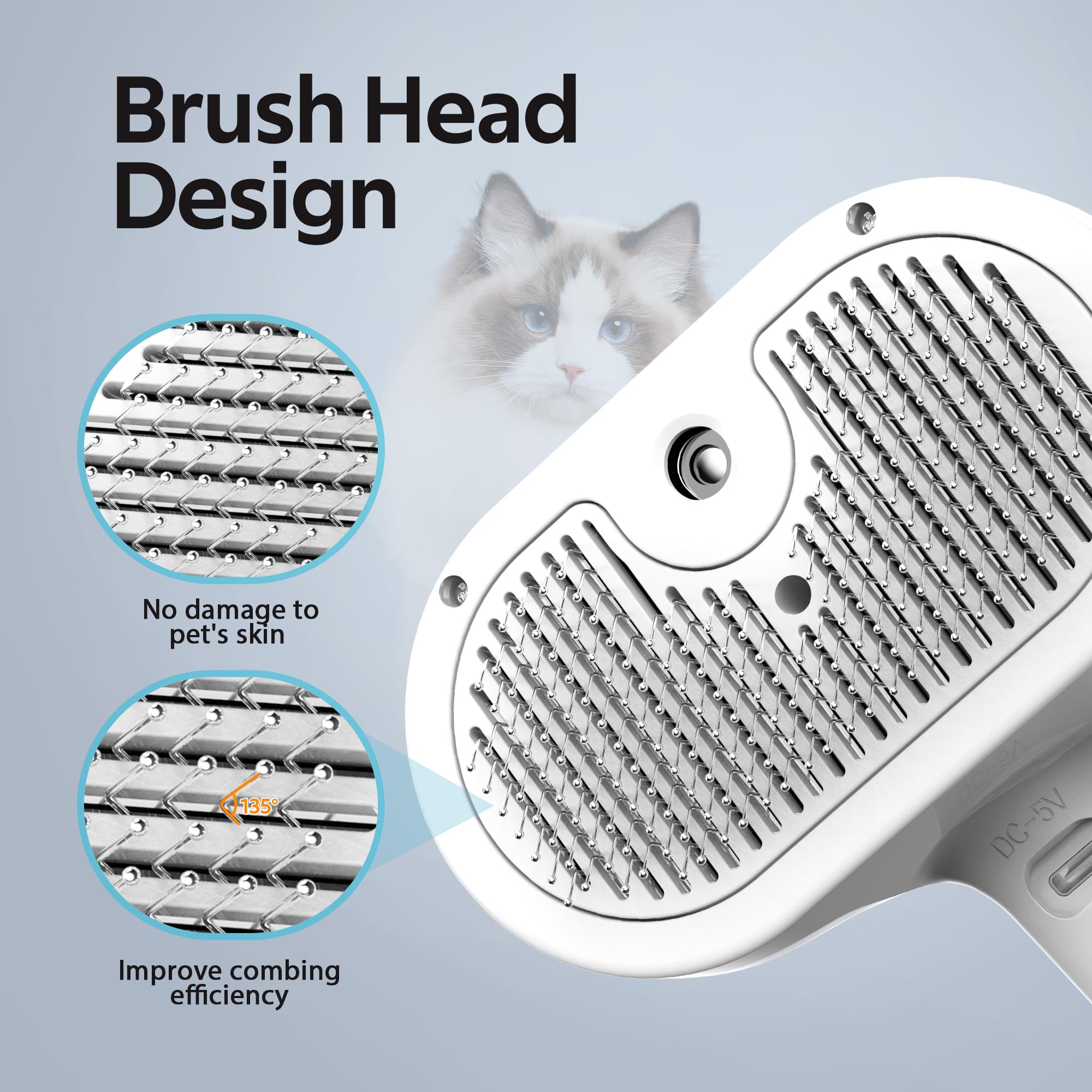 Pet Grooming Brush with Electronic Mist Spray - Gentle Deshedding Tool for Cats & Dogs, Reduces Shedding, Easy to Use, Soft Bristles, Promotes Healthy Coat-Comes with a hair smoothing comb-White