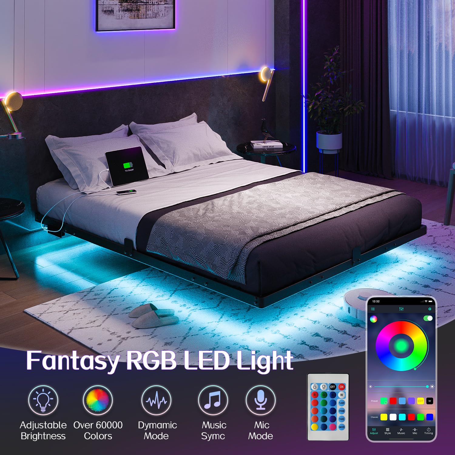 Queen Size Floating Bed Frame with LED Lights, USB Charging Station, Modern Metal Platform Bed Frame, Noise Free No Box Spring Needed and Easy Assembly