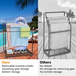 Flarhetoric Pool Towel Rack, Outdoor PVC Trapedozal Pool Storage Rack with 5 Towel Bars, Pool Float Storage with Wheels, Pool Towel Holder, Stores Floats and Paddles, Swimming Rings, Brown