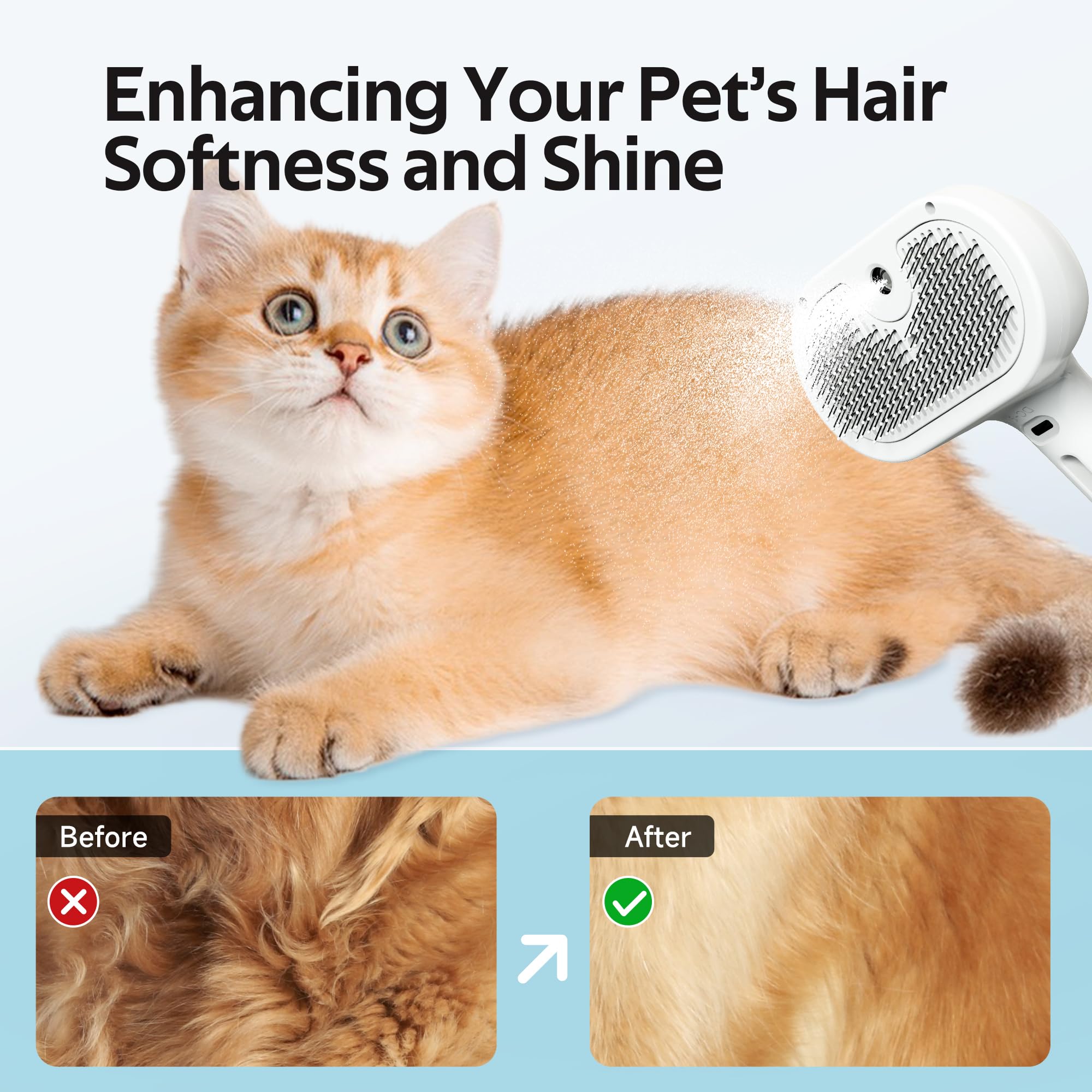 Pet Grooming Brush with Electronic Mist Spray - Gentle Deshedding Tool for Cats & Dogs, Reduces Shedding, Easy to Use, Soft Bristles, Promotes Healthy Coat-Comes with a hair smoothing comb-White