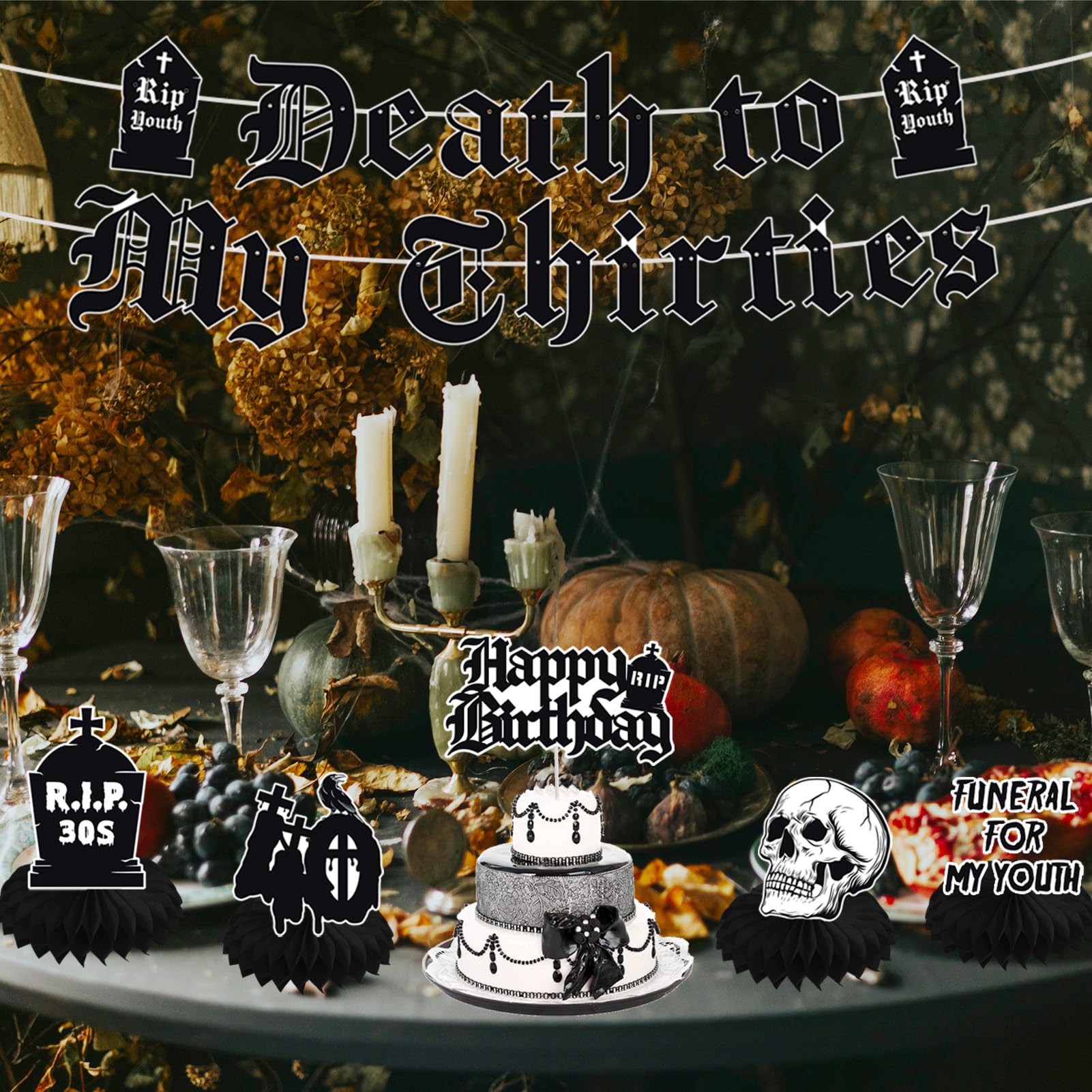 Crenics Death to My 30s Decorations - Death to My Thirties Backdrop, Banner, Honeycomb, Sash, Hanging Swirls, Cake Topper and Balloons for 40th Birthday Party Decorations for Women or Men