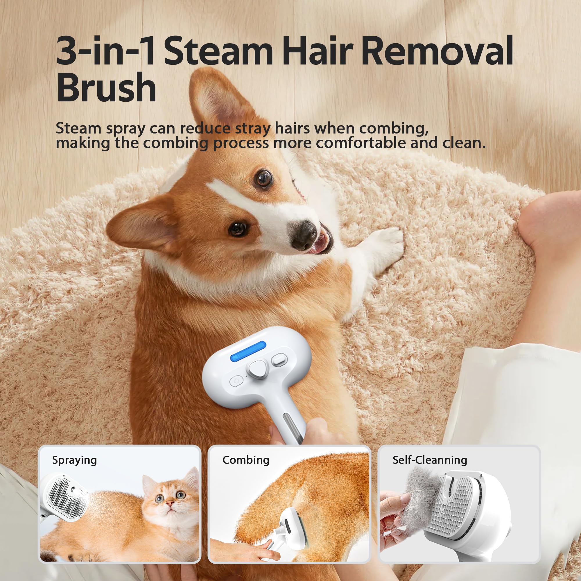 Pet Grooming Brush with Electronic Mist Spray - Gentle Deshedding Tool for Cats & Dogs, Reduces Shedding, Easy to Use, Soft Bristles, Promotes Healthy Coat-Comes with a hair smoothing comb-White