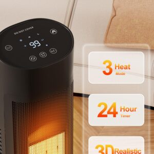 Uthfy Space Heaters for Indoor Use, 32" Electric Heater With Flame for 400 Sq.ft Large Room, 1500W Portable Tower Ceramic Room Heater With 24 H Timer, Remote, 80°Oscillation, 3 Modes for Bedroom