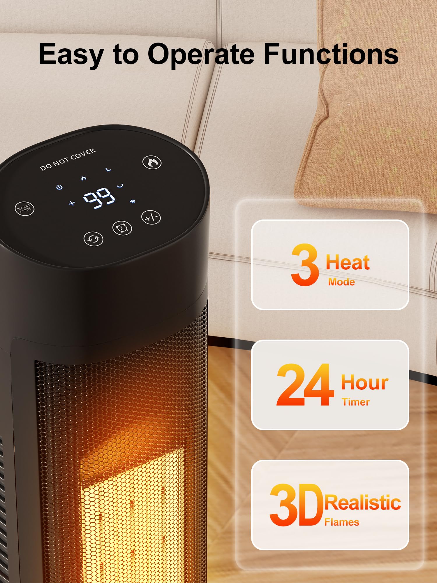 Uthfy Space Heaters for Indoor Use, 32" Electric Heater With Flame for 400 Sq.ft Large Room, 1500W Portable Tower Ceramic Room Heater With 24 H Timer, Remote, 80°Oscillation, 3 Modes for Bedroom