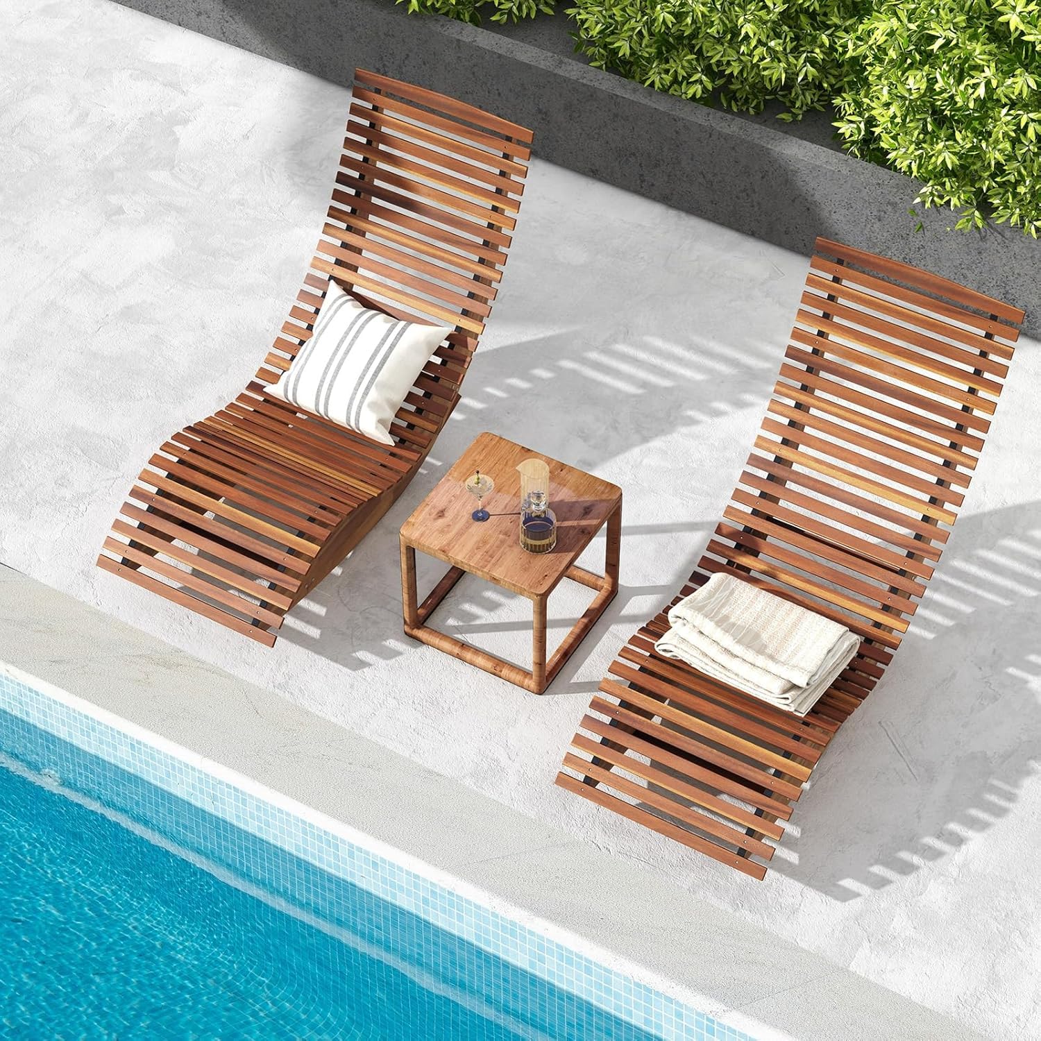 Nightcore Rocking Outdoor Lounger Chair with Slatted Design, Acacia Wood Outdoor Lounger with High Back, Outdoor Wooden Sun Lounger for Backyard, Sunbathing, Garden (2)