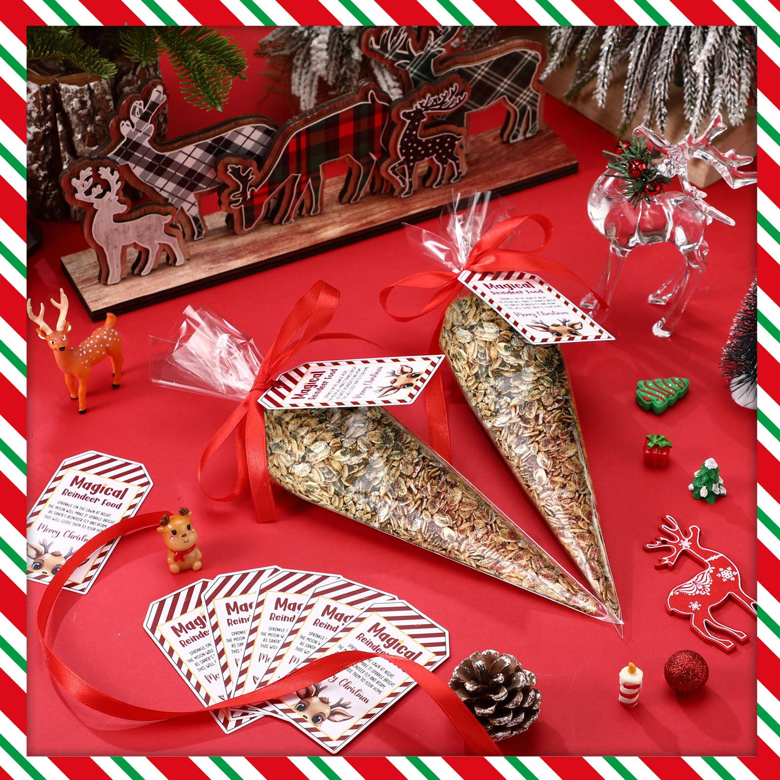 Dansydaisy 100 Set Magic Reindeer Food Christmas Treat Bag with Tag and Red Ribbon Christmas Party Favor Goodie Cone Bags with Labels Twist Ties Plastic Reindeer Food Bags for Xmas Gift Wrapping