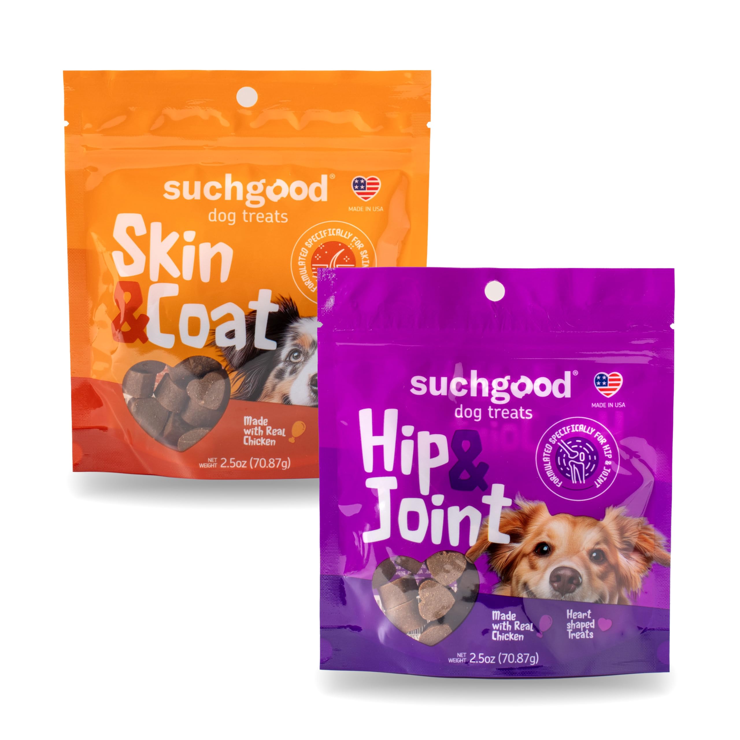 SuchGood Hip and Joint + Skin and Coat Dog Treats - Support Chews for All Breed Sizes and Ages, Glucosamine and Chondroitin + Salmon and Flaxseed Oil (Chicken Flavor, 2 Packs)