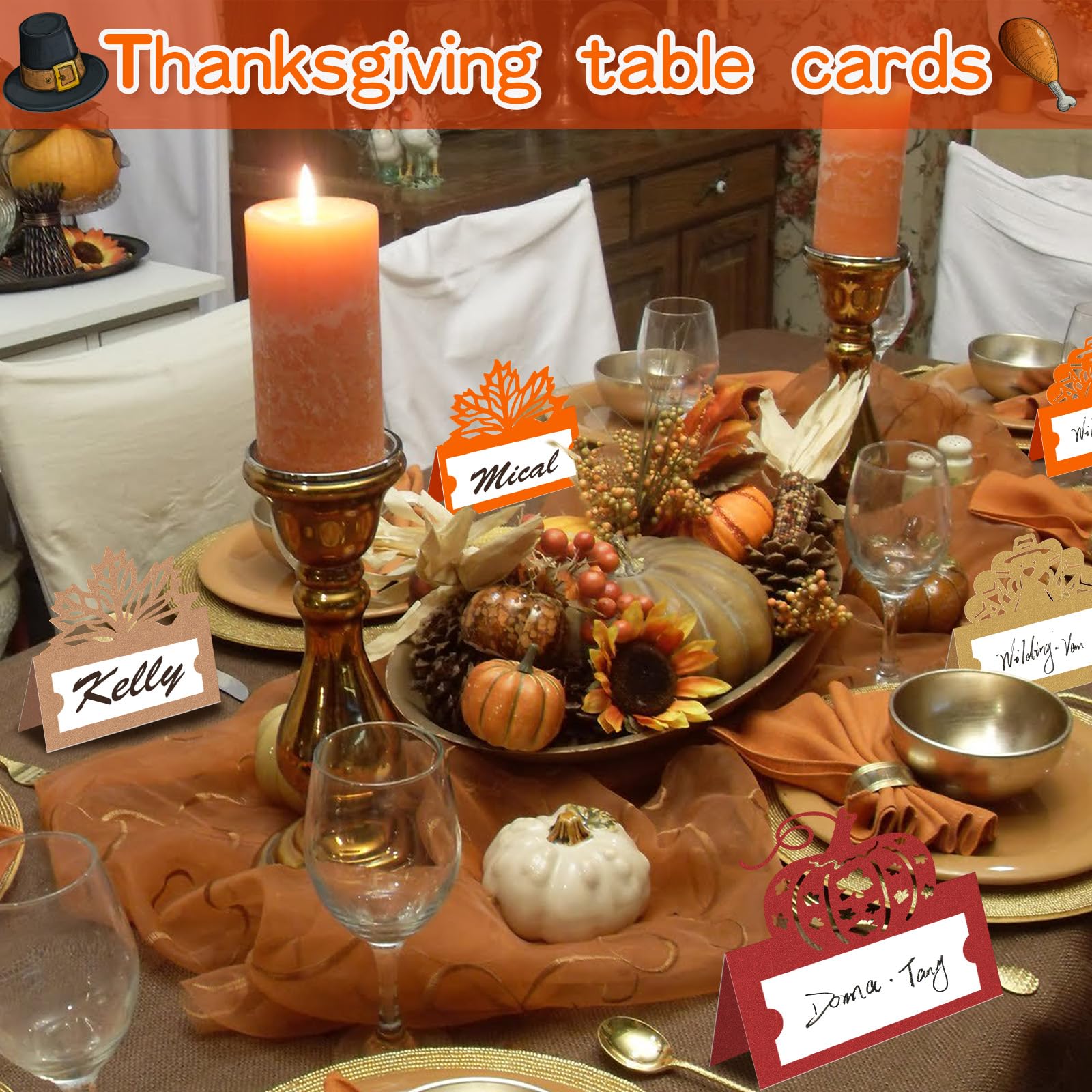 48 Pcs Thanksgiving Place Cards Thankful Greeting Cards Maple Leaf Pumpkin Turkey Place Cards for Table Setting, Thanksgiving Place Settings for Dinner(3.9 x 3.9 inches)