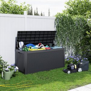 PatioZen 100 Gallon Resin Large Deck Box, Lockable Patio Outdoor Storage Box for Furniture, Garden Tools and Tools Storage, Waterproof Outside Storage Box - Black