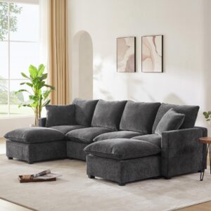 110" modern u shape modular sofa, 6 seat chenille sectional couch set with 2 pillows included, freely combinable indoor funiture for living room, apartment, office (black grey, 6 seat)