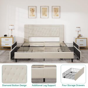 YITAHOME King Size Bed Frame, Storage Bed Frame with 4 Drawer Storage & Diamond Button Tufted Headboard, Contemporary Upholstered Platform Bed Frame, Box Spring Not Required, Beige