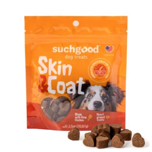 suchgood skin and coat dog treats - 105 count advanced omega skin and coat support chews for all breed sizes, premium salmon and flaxseed oil for dogs - (chicken flavor, 3 pack)