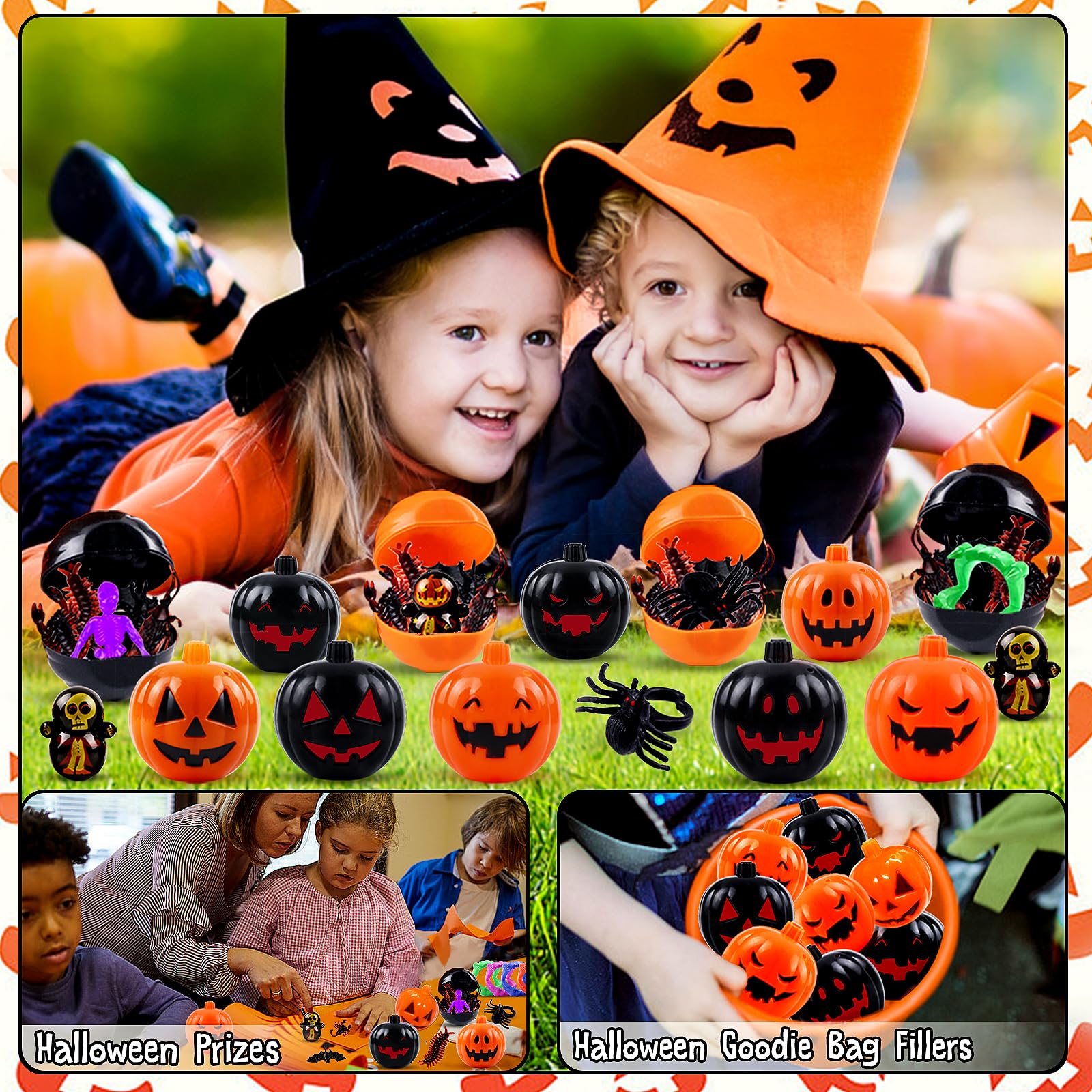 144 pcs Halloween Party Favors for Kids 24 Pack Prefilled Halloween Pumpkin with Halloween Toys, Halloween Treats for Kids, Halloween Goodie Bag Stuffers,Halloween Classroom Prizes