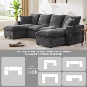 110" Modern U Shape Modular Sofa, 6 Seat Chenille Sectional Couch Set with 2 Pillows Included, Freely Combinable Indoor Funiture for Living Room, Apartment, Office (Black Grey, 6 Seat)