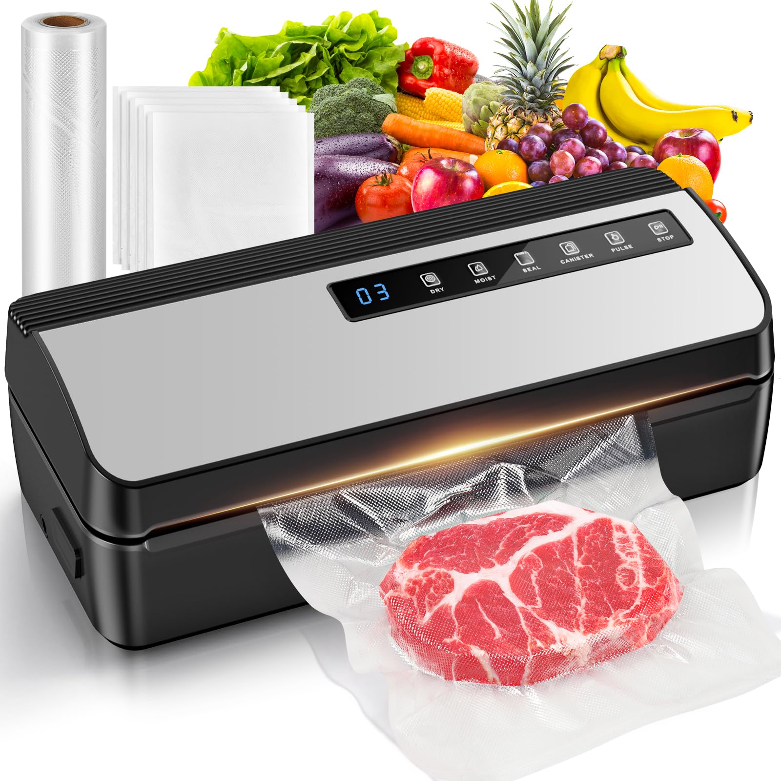 Vacuum Sealer, Food Vacuum Sealer Machine, 80Kpa Powerful Compact Vacuum Food Sealer with Bags Storage and 5 Bags, 1 Pack Bag Roll, Dry & Moist Modes (Silver)