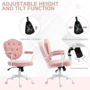 HOMCOM Cute Home Office Chair, Computer Desk Chair with Button Tufted, Teddy Bear Fleece Swivel Vanity Chair, Pink