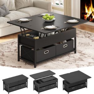 uposoja lift top coffee table, 4 in 1 multi-function dining table with hidden compartment and 2 drawers, convertible square center table for living room reception home office(black)