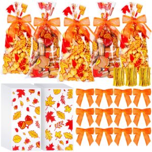 yoojahow 50 pcs fall treat bags with 50 pcs twist tie bows cellophane candy bags autumn goodie bag plastic cookie gift bags for thanksgiving holiday party favors snacks packing supplies