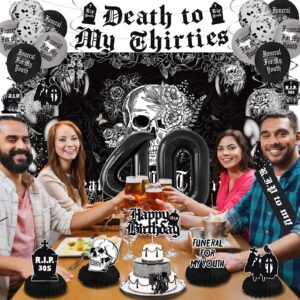 Crenics Death to My 30s Decorations - Death to My Thirties Backdrop, Banner, Honeycomb, Sash, Hanging Swirls, Cake Topper and Balloons for 40th Birthday Party Decorations for Women or Men