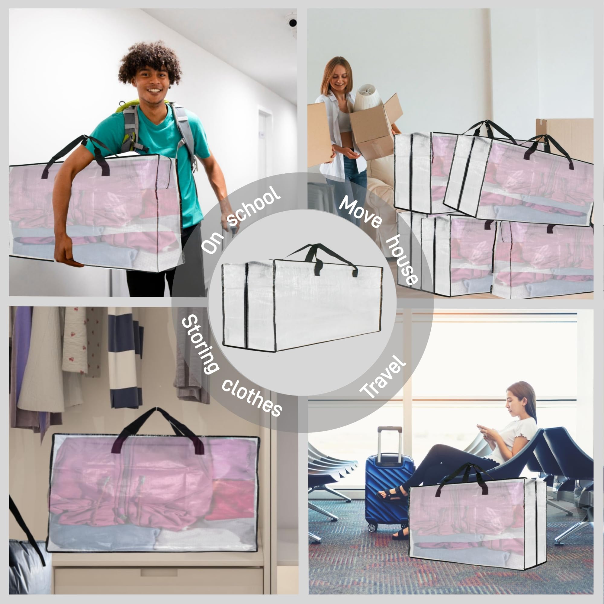 Heavy Duty Moving Bags, Extra Large Clear Storage Bags with Zipper and Handles, Moving Boxes & Storage Bins Alternative, Packing Supplies, Moving Supplies for Dorm Room Essentials