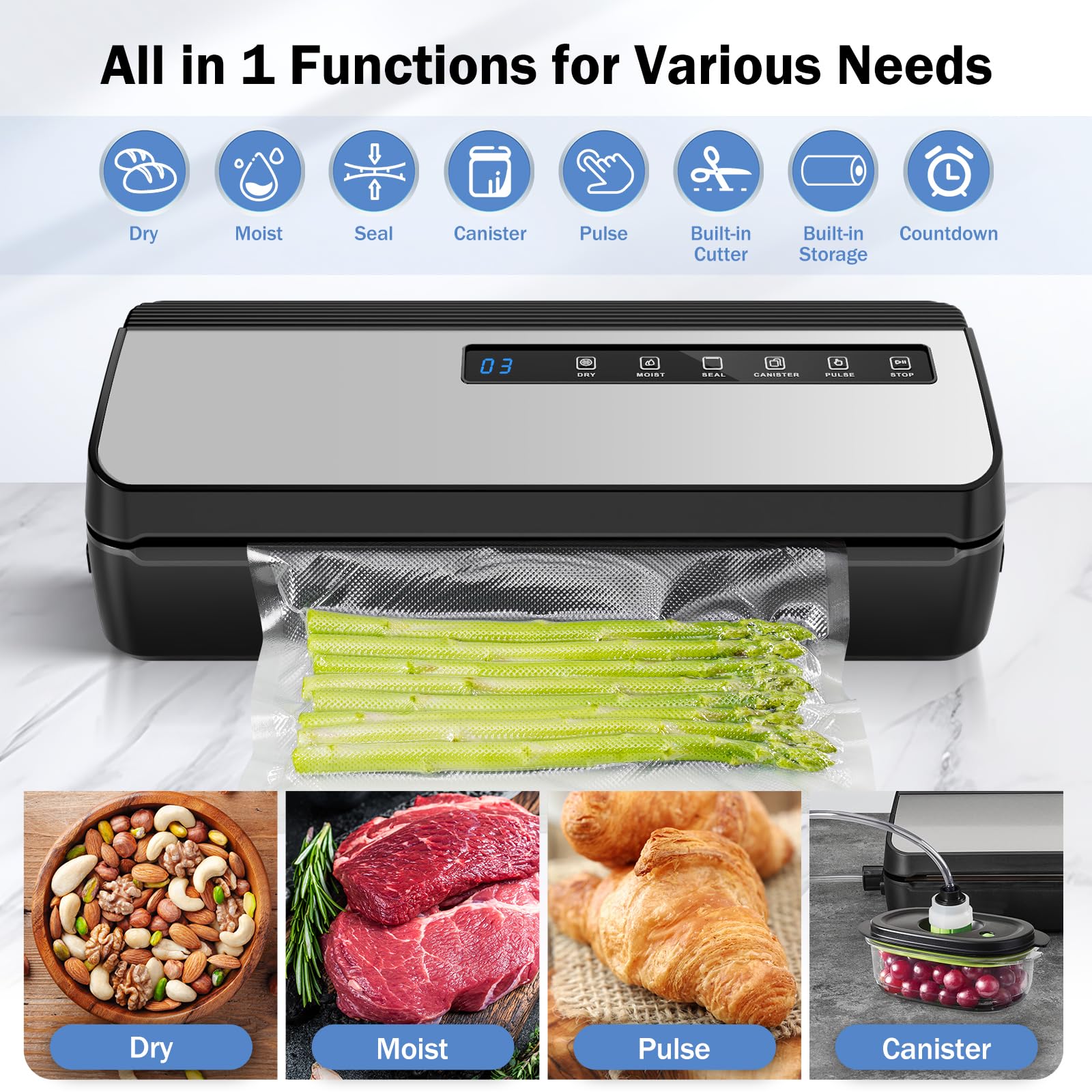 Vacuum Sealer, Food Vacuum Sealer Machine, 80Kpa Powerful Compact Vacuum Food Sealer with Bags Storage and 5 Bags, 1 Pack Bag Roll, Dry & Moist Modes (Silver)