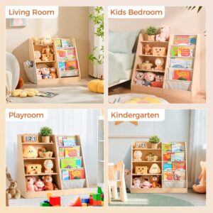 infurnic 3 Tier Kids Wooden Bookshelf Baby Toddler Bookshelf and Toy Storage Organizer with Three Layer Sling Bookcase for Kids Room Playroom Nursery Classroom